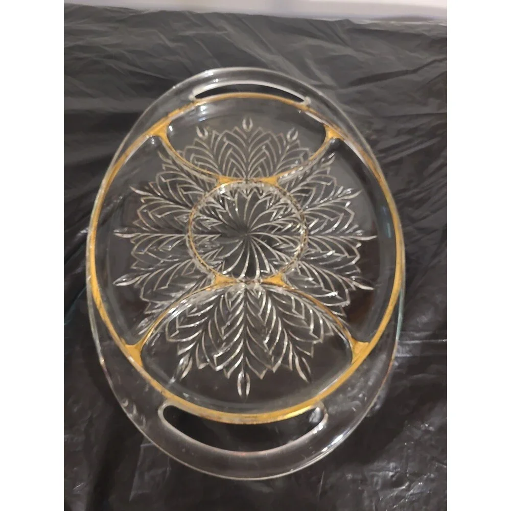 Unmarked Pressed Glass Oval Serving Tray w/ Handles, Clear Gold Trim Floral
